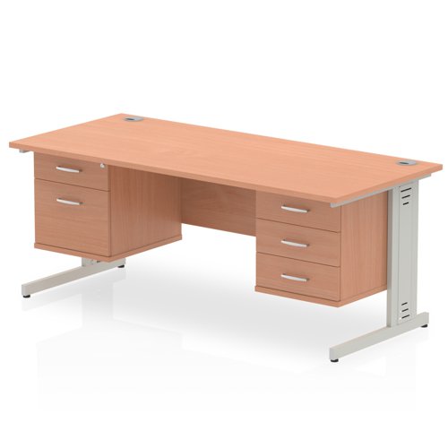 Impulse 1600 x 800mm Straight Office Desk Beech Top Silver Cable Managed Leg Workstation 1 x 2 Drawer 1 x 3 Drawer Fixed Pedestal