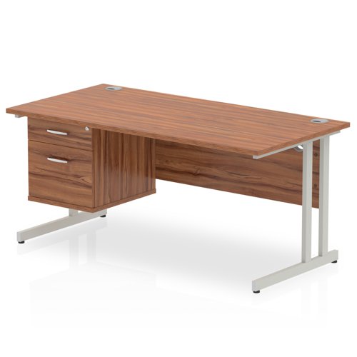 Impulse 1600 x 800mm Straight Office Desk Walnut Top Silver Cantilever Leg Workstation 1 x 2 Drawer Fixed Pedestal