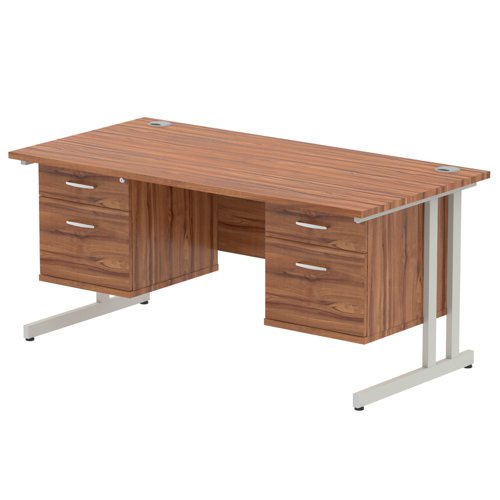 Impulse 1600 Rectangle Silver Cant Leg Desk WALNUT 2 x 2 Drawer Fixed Ped