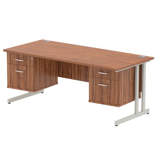 Impulse 1800 x 800mm Straight Office Desk Walnut Top Silver Cantilever Leg Workstation 2 x 2 Drawer Fixed Pedestal