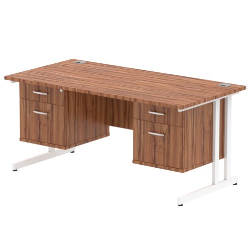 Impulse 1600 x 800mm Straight Office Desk Walnut Top White Cantilever Leg Workstation 2 x 2 Drawer Fixed Pedestal