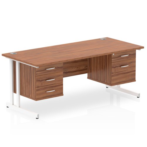 Impulse 1600 x 800mm Straight Office Desk Walnut Top White Cantilever Leg Workstation 1 x 2 Drawer 1 x 3 Drawer Fixed Pedestal