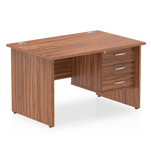 Impulse 1200 x 800mm Straight Office Desk Walnut Top Panel End Leg Workstation 1 x 3 Drawer Fixed Pedestal