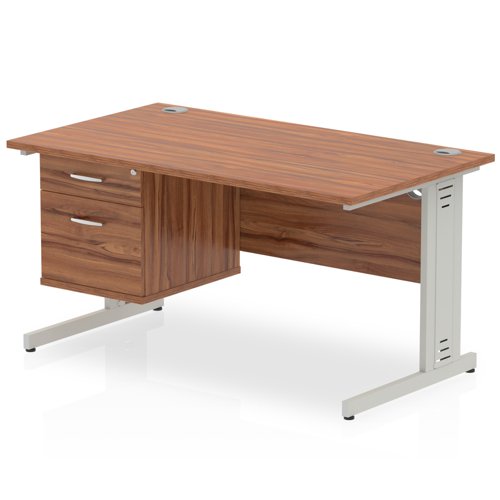 Impulse 1400 x 800mm Straight Office Desk Walnut Top Silver Cable Managed Leg Workstation 1 x 2 Drawer Fixed Pedestal