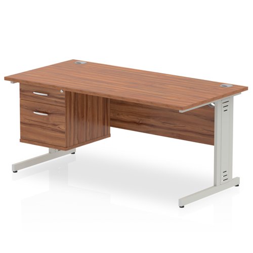 Impulse 1600 x 800mm Straight Office Desk Walnut Top Silver Cable Managed Leg Workstation 1 x 2 Drawer Fixed Pedestal