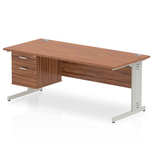 Impulse 1800 x 800mm Straight Office Desk Walnut Top Silver Cable Managed Leg Workstation 1 x 2 Drawer Fixed Pedestal