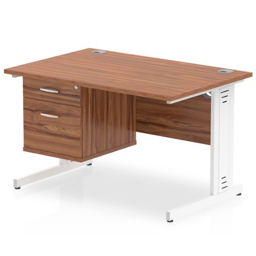 Impulse 1200 x 800mm Straight Office Desk Walnut Top White Cable Managed Leg Workstation 1 x 2 Drawer Fixed Pedestal