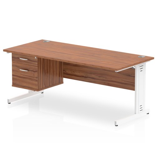 Impulse 1800 x 800mm Straight Office Desk Walnut Top White Cable Managed Leg Workstation 1 x 2 Drawer Fixed Pedestal