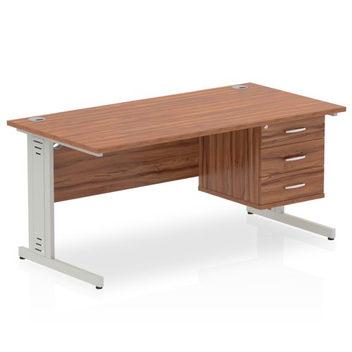 Impulse 1600 x 800mm Straight Office Desk Walnut Top Silver Cable Managed Leg Workstation 1 x 3 Drawer Fixed Pedestal