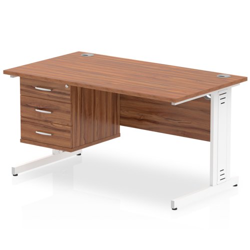 Impulse 1400 x 800mm Straight Office Desk Walnut Top White Cable Managed Leg Workstation 1 x 3 Drawer Fixed Pedestal