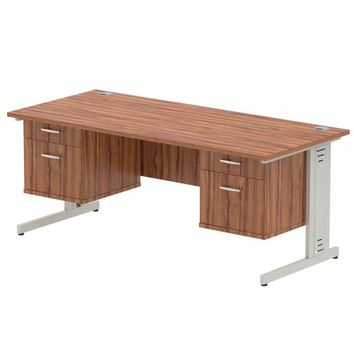 Impulse 1800 x 800mm Straight Office Desk Walnut Top Silver Cable Managed Leg Workstation 2 x 2 Drawer Fixed Pedestal