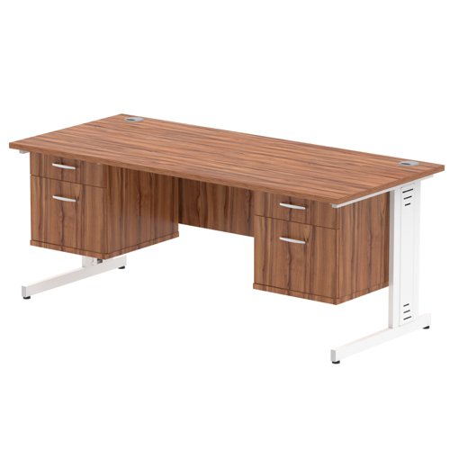 Impulse 1800 x 800mm Straight Office Desk Walnut Top White Cable Managed Leg Workstation 2 x 2 Drawer Fixed Pedestal