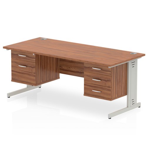 Impulse 1600 x 800mm Straight Office Desk Walnut Top Silver Cable Managed Leg Workstation 1 x 2 Drawer 1 x 3 Drawer Fixed Pedestal