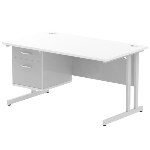 Impulse 1400 x 800mm Straight Office Desk White Top Silver Cantilever Leg Workstation 1 x 2 Drawer Fixed Pedestal
