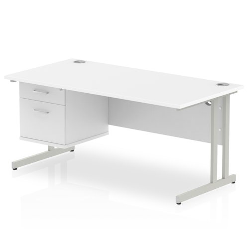 Impulse 1600 x 800mm Straight Office Desk White Top Silver Cantilever Leg Workstation 1 x 2 Drawer Fixed Pedestal