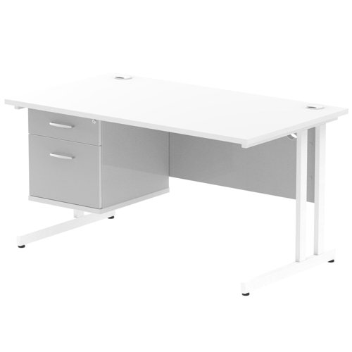 Impulse 1400 x 800mm Straight Office Desk White Top White Cantilever Leg Workstation 1 x 2 Drawer Fixed Pedestal