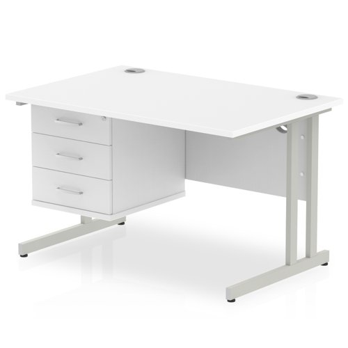 Dynamic Impulse W1200 x D800 x H730mm Straight Office Desk Cantilever Leg With 1 x 3 Drawer Single Fixed Pedestal White Finish Silver Frame - MI002213
