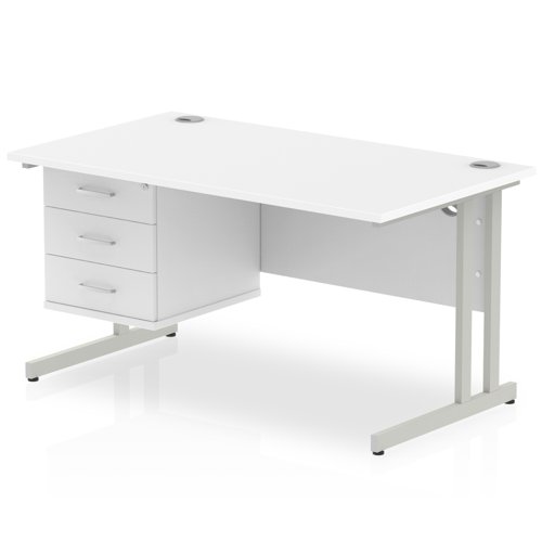Impulse 1400 x 800mm Straight Office Desk White Top Silver Cantilever Leg Workstation 1 x 3 Drawer Fixed Pedestal
