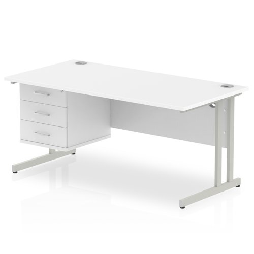 Dynamic Impulse W1600 x D800 x H730mm Straight Office Desk Cantilever Leg With 1 x 3 Drawer Single Fixed Pedestal White Finish Silver Frame - MI002215