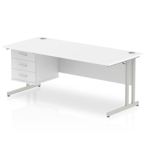 Dynamic Impulse W1800 x D800 x H730mm Straight Office Desk Cantilever Leg With 1 x 3 Drawer Single Fixed Pedestal White Finish Silver Frame - MI002216