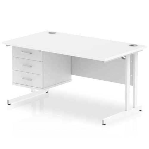 Impulse 1400 x 800mm Straight Office Desk White Top White Cantilever Leg Workstation 1 x 3 Drawer Fixed Pedestal