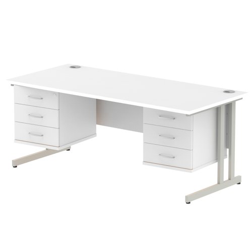 Impulse 1800 x 800mm Straight Office Desk White Top Silver Cantilever Leg Workstation 2 x 3 Drawer Fixed Pedestal