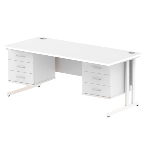Impulse 1800 x 800mm Straight Office Desk White Top White Cantilever Leg Workstation 2 x 3 Drawer Fixed Pedestal