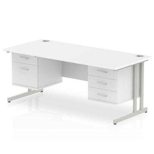 Impulse 1600 x 800mm Straight Office Desk White Top Silver Cantilever Leg Workstation 1 x 2 Drawer 1 x 3 Drawer Fixed Pedestal