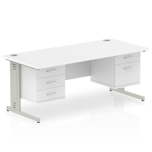 Impulse 1600 Rectangle Silver Cable Managed Leg Desk WHITE 1 x 2 Drawer ...