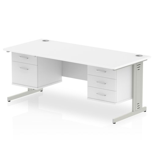Impulse 1800 x 800mm Straight Office Desk White Top Silver Cable Managed Leg Workstation 1 x 2 Drawer 1 x 3 Drawer Fixed Pedestal