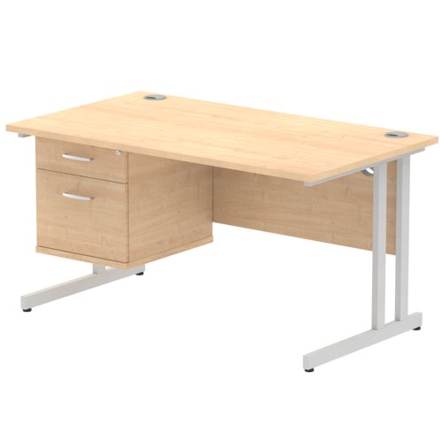 Dynamic Impulse W1400 x D800 x H730mm Straight Office Desk Cantilever Leg With 1 x 2 Drawer Single Fixed Pedestal Maple Finish Silver Frame - MI002432