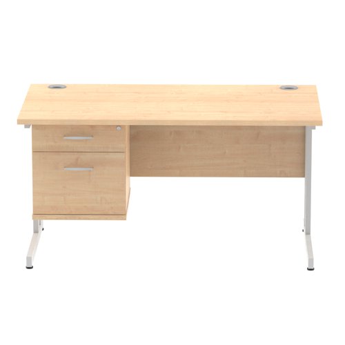 Impulse 1400 Rectangle Silver Cant Leg Desk MAPLE 1 x 2 Drawer Fixed Ped