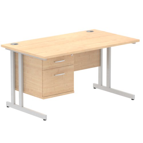 Impulse 1400 Rectangle Silver Cant Leg Desk MAPLE 1 x 2 Drawer Fixed Ped