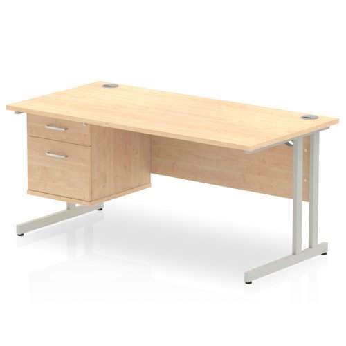 Dynamic Impulse W1600 x D800 x H730mm Straight Office Desk Cantilever Leg With 1 x 2 Drawer Fixed Pedestal Maple Finish Silver Frame - MI002433