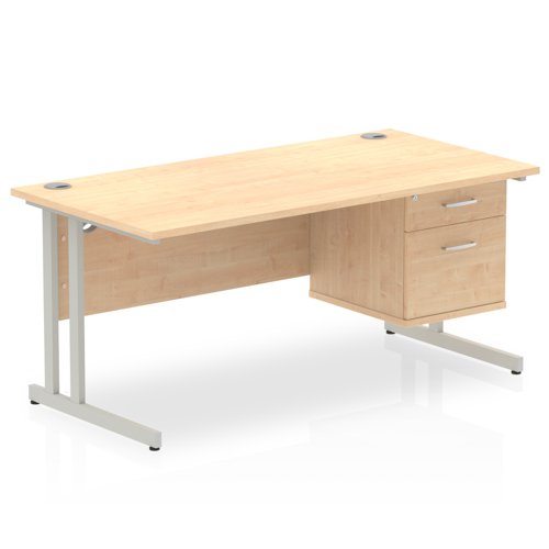 Impulse 1600 Rectangle Silver Cant Leg Desk MAPLE 1 x 2 Drawer Fixed Ped