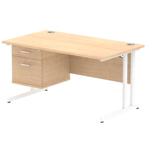 Dynamic Impulse W1400 x D800 x H730mm Straight Office Desk Cantilever Leg With 1 x 2 Drawer Single Fixed Pedestal Maple Finish White Frame - MI002436