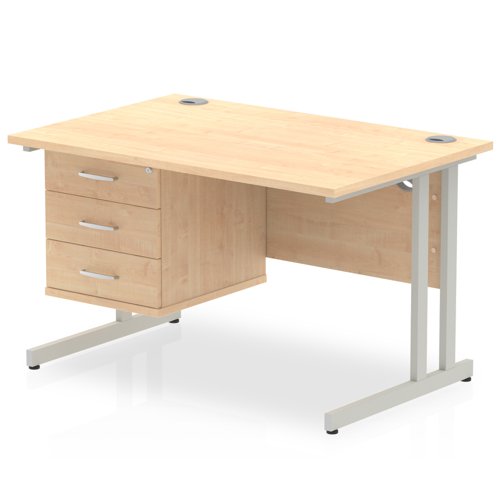 Dynamic Impulse W1200 x D800 x H730mm Straight Office Desk Cantilever Leg With 1 x 3 Drawer Single Fixed Pedestal Maple Finish Silver Frame - MI002439