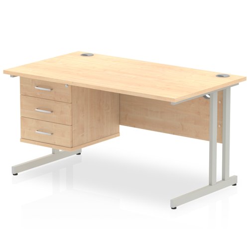 Dynamic Impulse W1400 x D800 x H730mm Straight Office Desk Cantilever Leg With 1 x 3 Drawer Single Fixed Pedestal Maple Finish Silver Frame - MI002440