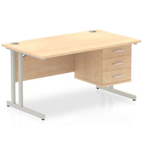 Impulse 1400 Rectangle Silver Cant Leg Desk MAPLE 1 x 3 Drawer Fixed Ped