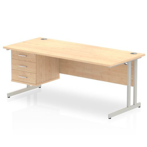 Impulse 1800 Rectangle Silver Cant Leg Desk MAPLE 1 x 3 Drawer Fixed Ped