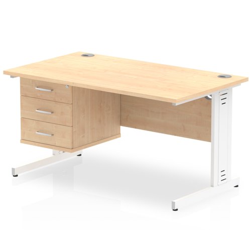 Impulse 1400 x 800mm Straight Office Desk Maple Top White Cable Managed Leg Workstation 1 x 3 Drawer Fixed Pedestal