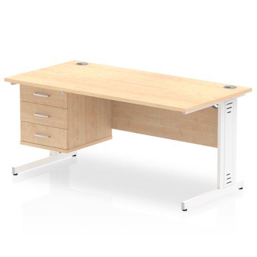 Impulse 1600 x 800mm Straight Office Desk Maple Top White Cable Managed Leg Workstation 1 x 3 Drawer Fixed Pedestal