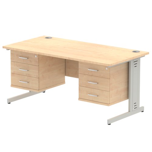 Impulse 1600 x 800mm Straight Office Desk Maple Top Silver Cable Managed Leg Workstation 2 x 3 Drawer Fixed Pedestal