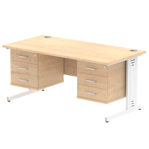 Impulse 1600 x 800mm Straight Office Desk Maple Top White Cable Managed Leg Workstation 2 x 3 Drawer Fixed Pedestal