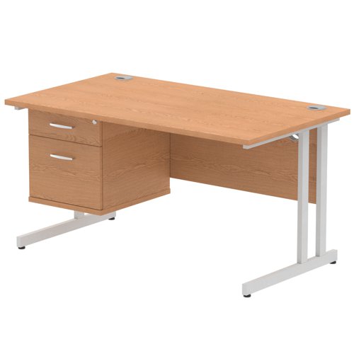 Dynamic Impulse W1400 x D800 x H730mm Straight Office Desk Cantilever Leg With 1 x 2 Drawer Single Fixed Pedestal Oak Finish Silver Frame - MI002658