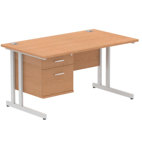 Impulse 1400 x 800mm Straight Office Desk Oak Top Silver Cantilever Leg Workstation 1 x 2 Drawer Fixed Pedestal