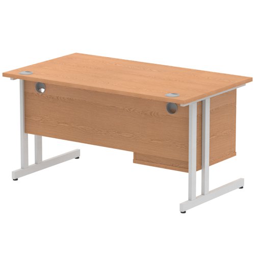 Impulse 1400 x 800mm Straight Office Desk Oak Top Silver Cantilever Leg Workstation 1 x 2 Drawer Fixed Pedestal