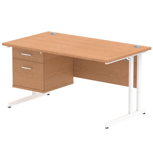 Dynamic Impulse W1400 x D800 x H730mm Straight Office Desk Cantilever Leg With 1 x 2 Drawer Single Fixed Pedestal Oak Finish White Frame - MI002662