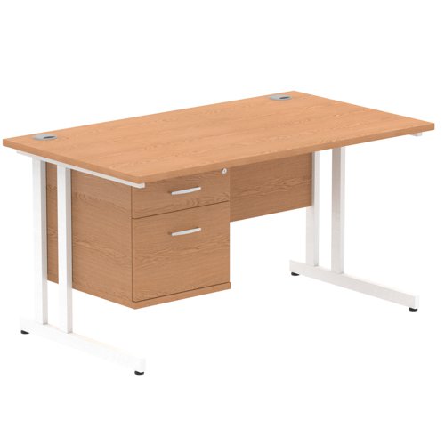 Impulse 1400 x 800mm Straight Office Desk Oak Top White Cantilever Leg Workstation 1 x 2 Drawer Fixed Pedestal