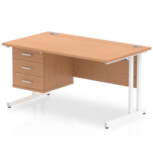 Impulse 1400 Rectangle White Cant Leg Desk OAK 1 x 3 Drawer Fixed Ped